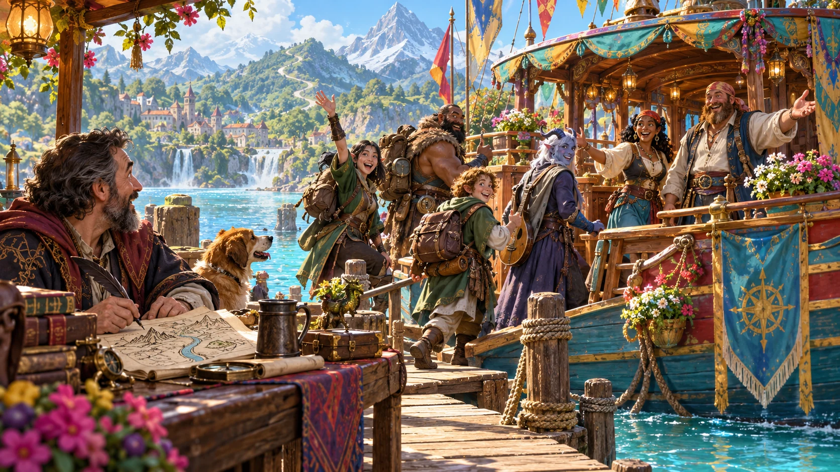 Illustrated adventurers choose a decorated riverboat while a Dungeon Master considers the new route beside a map.