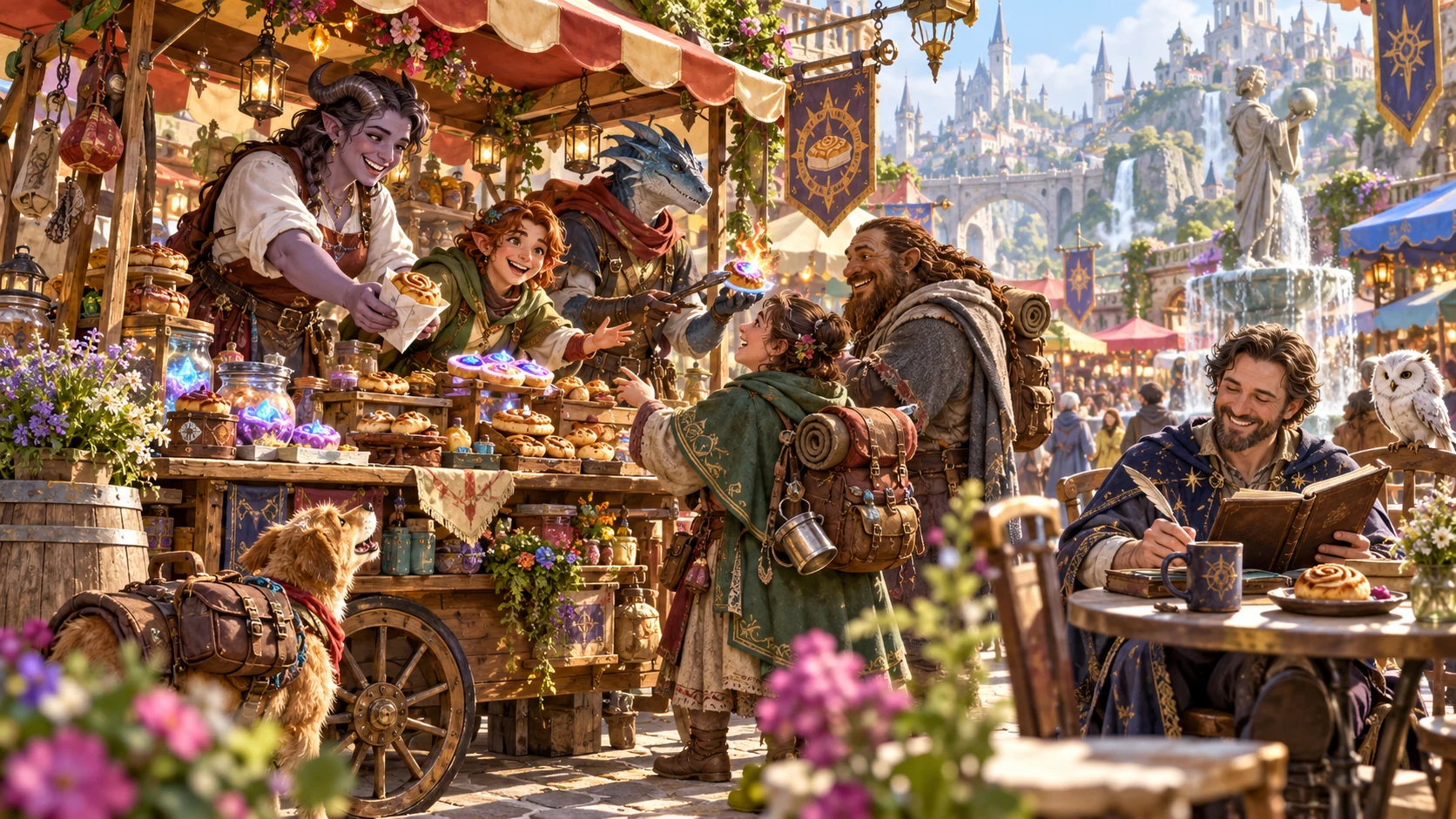 Illustrated adventurers run a colourful market stall while a Dungeon Master records the unexpected side business.