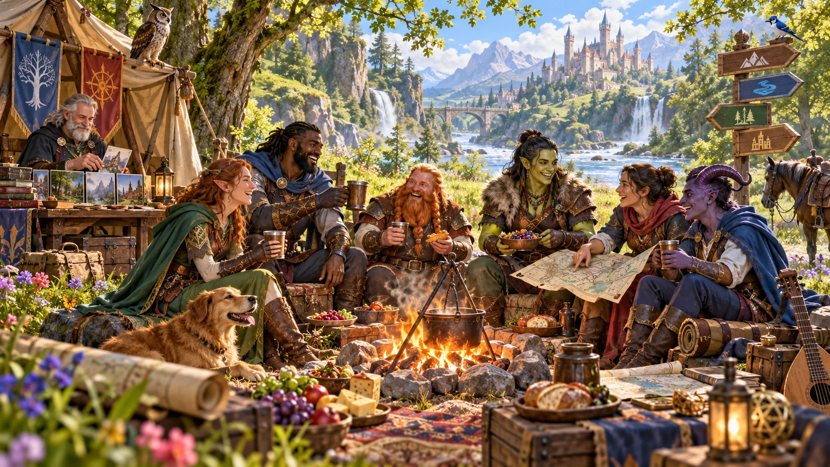 Illustrated adventurers share a woodland campfire and food with former rivals while considering a map.